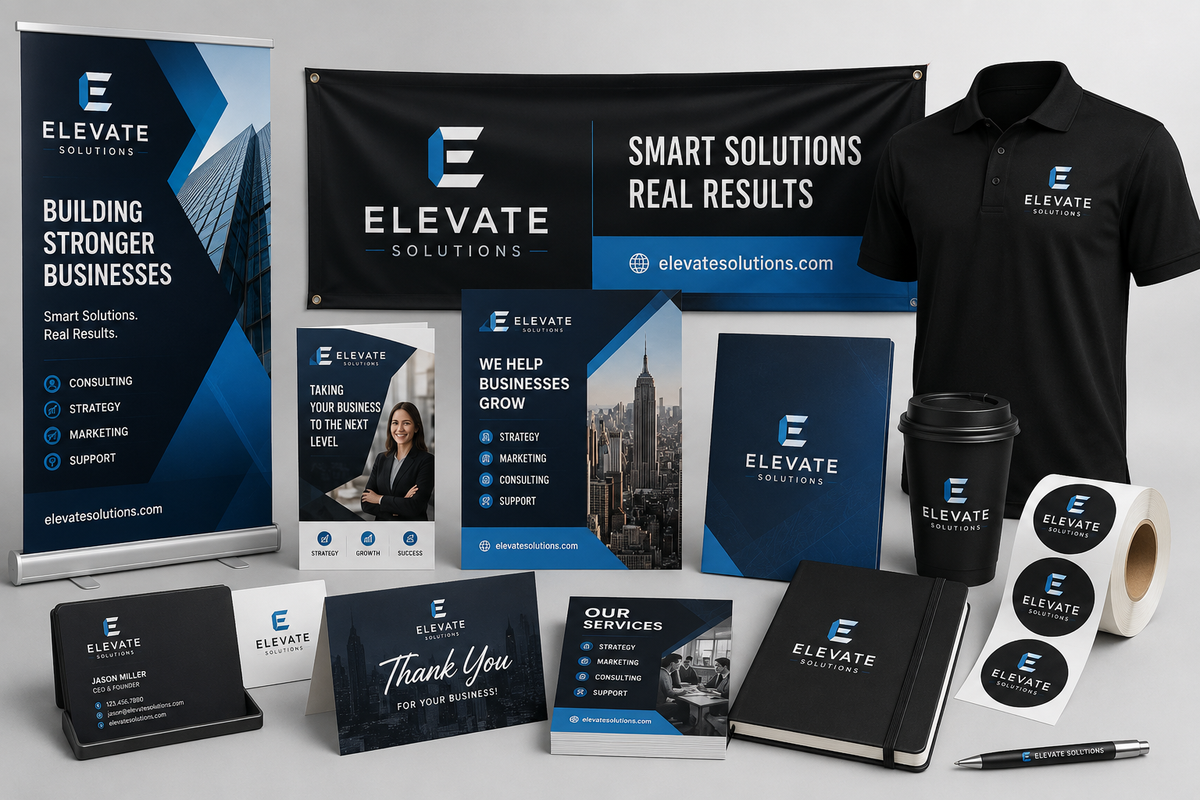 Business Essentials Collection featuring premium business cards, flyers, brochures, banners, custom apparel, stickers, and promotional products designed to help small businesses, startups, and entrepreneurs build a professional brand