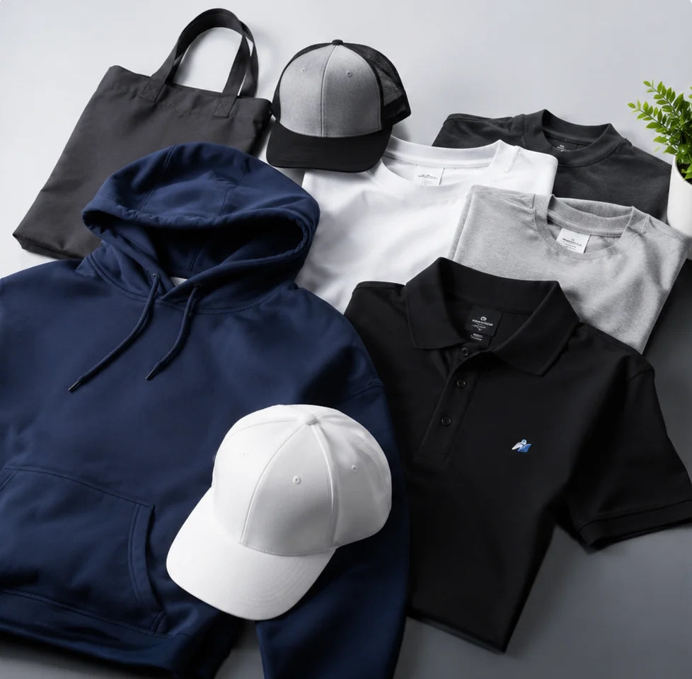 Custom tees, hoodies, polos, hats and totes